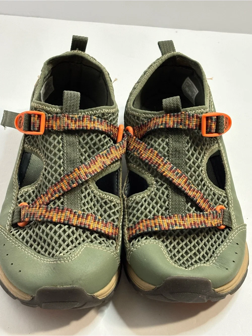 Chaco Olive Green Water Shoes with Orange-Accent Multicolor Straps Sz 5 VGUC